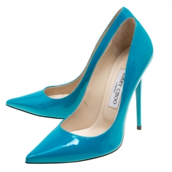 Pre Owned Jimmy Choo Teal Patent Leather Anouk Pumps Size 37.5