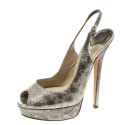 Pre Owned Jimmy Choo Metallic Gold Embossed Leather Vita Peep Toe Platform Slingback Sandals Size 38