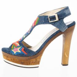 مملوكة مسبقًا Jimmy Choo Multicolor Denim Platform Nixon Sandals Size 37