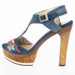 مملوكة مسبقًا Jimmy Choo Multicolor Denim Platform Nixon Sandals Size 37