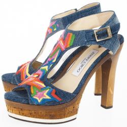 مملوكة مسبقًا Jimmy Choo Multicolor Denim Platform Nixon Sandals Size 37