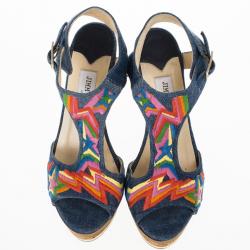 مملوكة مسبقًا Jimmy Choo Multicolor Denim Platform Nixon Sandals Size 37