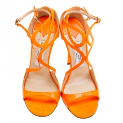 Pre Owned Jimmy Choo Neon Orange Python Leather Lance Strappy Sandals Size 37