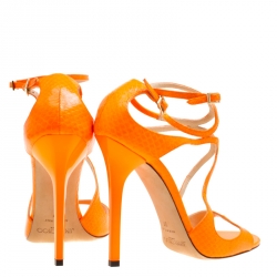 Pre Owned Jimmy Choo Neon Orange Python Leather Lance Strappy Sandals Size 37