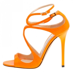 Pre Owned Jimmy Choo Neon Orange Python Leather Lance Strappy Sandals Size 37