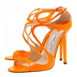 Pre Owned Jimmy Choo Neon Orange Python Leather Lance Strappy Sandals Size 37