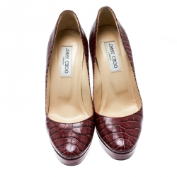 مملوكة مسبقًا حذاء كعب عالي جيمي تشو نعل سميك أليكس جلد نقش تمساح عنابي مقاس 40