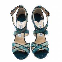 Pre Owned Jimmy Choo Blue Lace and Patent Leather Lottie Strappy Sandals Size 40