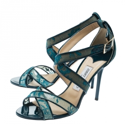 Pre Owned Jimmy Choo Blue Lace and Patent Leather Lottie Strappy Sandals Size 40