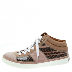 Pre Owned Jimmy Choo Pink Pony Hair and Snakeskin Embossed Leather Lace Up Sneakers Size 37