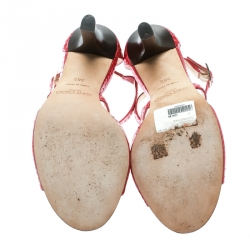 Pre Owned Jimmy Choo Red Python Cross Strap Block Heel Sandals Size 38.5