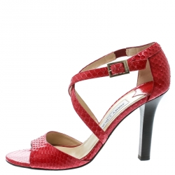 Pre Owned Jimmy Choo Red Python Cross Strap Block Heel Sandals Size 38.5