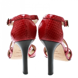 Pre Owned Jimmy Choo Red Python Cross Strap Block Heel Sandals Size 38.5