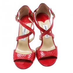 Pre Owned Jimmy Choo Red Python Cross Strap Block Heel Sandals Size 38.5
