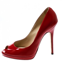 Pre Owned Jimmy Choo Red Patent Leather Luna Peep Toe Platform Pumps Size 40