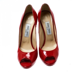 Pre Owned Jimmy Choo Red Patent Leather Luna Peep Toe Platform Pumps Size 40