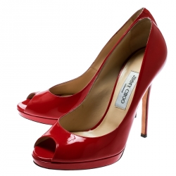 Pre Owned Jimmy Choo Red Patent Leather Luna Peep Toe Platform Pumps Size 40