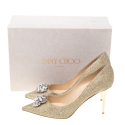 Pre Owned Jimmy Choo Metallic Gold Lamè Glitter Fabric Mamey Crystal Embellished Pointed Toe Pumps Size 41