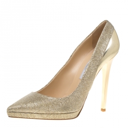 Pre Owned Jimmy Choo Metallic Gold Lamè and Leather Aude Pointed Toe Platform Pumps Size 40