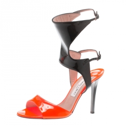 Pre Owned Jimmy Choo Neon Orange And Black Patent Leather Loop Ankle Cuff Open Toe Sandals Size 39