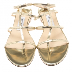 Pre Owned Jimmy Choo Metallic Gold Patent Leather Doodle Flat Sandals Size 37