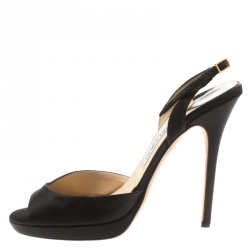 Pre Owned Jimmy Choo Black Satin Elazer Slingback Open Toe Sandals Size 40.5