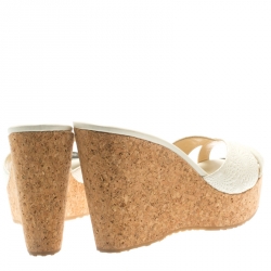 Pre Owned Jimmy Choo White Textured Leather Prima Cork Wedge Sandals Size 40.5