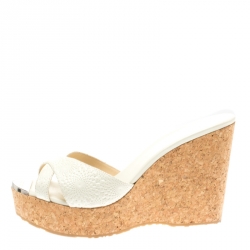 Pre Owned Jimmy Choo White Textured Leather Prima Cork Wedge Sandals Size 40.5