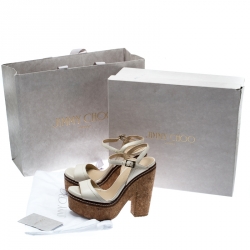Pre Owned Jimmy Choo Cream Leather Naylor Platform Cork Ankle Strap Sandals Size 36