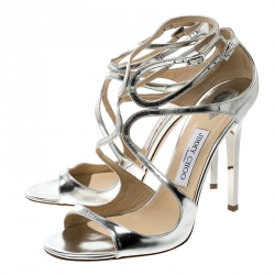 Pre Owned Jimmy Choo Metallic Silver Mirror Leather Lance Strappy Sandals Size 39.5