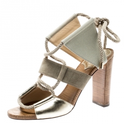 Pre Owned Jimmy Choo Grey Canvas/Leather Henni Cut Out Sandals Size 38