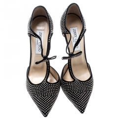 Pre Owned حذاء كعب عالي جيمي تشو سويدي أسود مرصع سير حرف T مقدمة مدببة مقاس 37.5