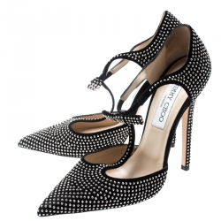 Pre Owned حذاء كعب عالي جيمي تشو سويدي أسود مرصع سير حرف T مقدمة مدببة مقاس 37.5