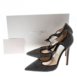 Pre Owned حذاء كعب عالي جيمي تشو سويدي أسود مرصع سير حرف T مقدمة مدببة مقاس 37.5