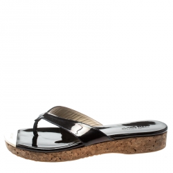 Pre Owned Jimmy Choo Black Leather 'Pence' Cork Wedge Thong Sandals Size 39