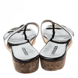 Pre Owned Jimmy Choo Black Leather 'Pence' Cork Wedge Thong Sandals Size 39