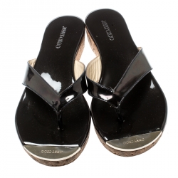 Pre Owned Jimmy Choo Black Leather 'Pence' Cork Wedge Thong Sandals Size 39