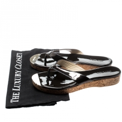 Pre Owned Jimmy Choo Black Leather 'Pence' Cork Wedge Thong Sandals Size 39