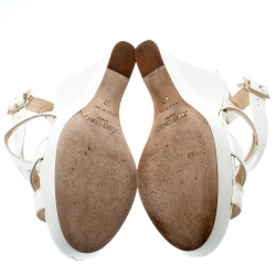 Pre Owned Jimmy Choo White Patent Leather Lucia Cross Strap Wedge Platform Sandals Size 37