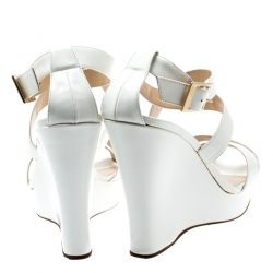 Pre Owned Jimmy Choo White Patent Leather Lucia Cross Strap Wedge Platform Sandals Size 37
