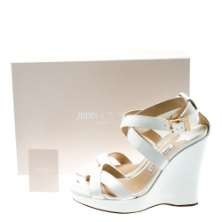 Pre Owned Jimmy Choo White Patent Leather Lucia Cross Strap Wedge Platform Sandals Size 37