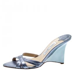 Pre Owned Jimmy Choo Metallic Blue Leather Cross Strap Wedge Sandals Size 38