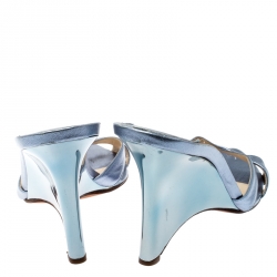 Pre Owned Jimmy Choo Metallic Blue Leather Cross Strap Wedge Sandals Size 38