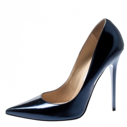 Pre Owned حذاء كعب عالي جيمي تشو مقدمة مدببة أنوك جلد عاكس أزرق دنيم ميتالك مقاس 40