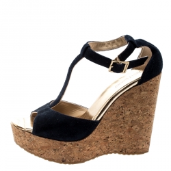 Pre Owned Jimmy Choo Blue Suede Leather Pania Cork Wedge T Strap Sandals Size 39