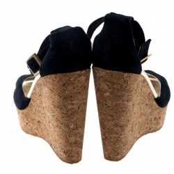 Pre Owned Jimmy Choo Blue Suede Leather Pania Cork Wedge T Strap Sandals Size 39