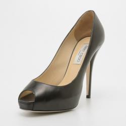Pre Owned Jimmy Choo Black Leather Comet Peep Toe Pumps Size 38.5