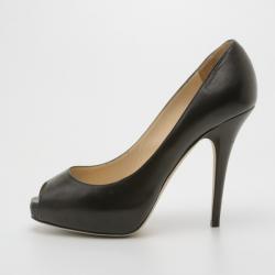 Pre Owned Jimmy Choo Black Leather Comet Peep Toe Pumps Size 38.5