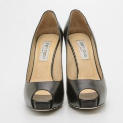 Pre Owned Jimmy Choo Black Leather Comet Peep Toe Pumps Size 38.5
