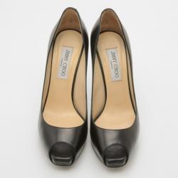 Pre Owned Jimmy Choo Black Leather Comet Peep Toe Pumps Size 38.5